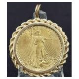 1922 Saint Gaudens $20 Gold Coin In 14Kt. Bezel