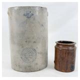 Stoneware Churn & 19th C. Storage Jar