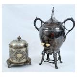 19th C. Silver Plated Samovar & Biscuit Barrel