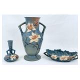 (3) Roseville Pottery Blue Magnolia Vases & Bowl