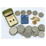 Small 14Kt. Gold Earrings & Various Coins