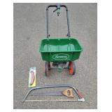 Scotts Seed Spreader & (3) Assorted Hand Saws