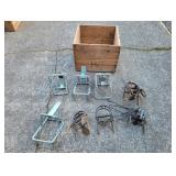 (8) Assorted Metal Mole Traps & Vintage Crate