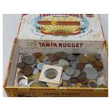 CIGAR BOX W/ MULTIPLES OF MIXED FOREIGN COINS