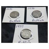 VINTAGE U S BUFFALO NICKELS / 3 PCS
