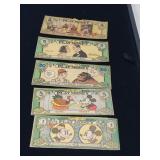 5 DISNEY LUCKY BUCKS PLAY MONEY C. 1932