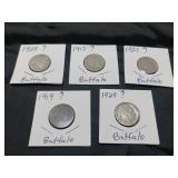 VINTAGE U S COINS / BUFFALO NICKELS / 5 PCS