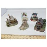 4 DECORATIVE HOUSES + CERAMIC LADY IN BED
