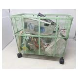 GREEN WIRE BASKET ON WHEELS / WITH CONTENTS