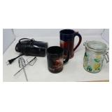 COFFEE CUPS, A JAR AND HAND MIXER