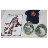 2 CERAMIC HERB BOWLS, HAT, SIGN