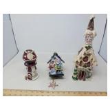 3 CERAMIC DECOR PIECES, BIRDHOUSE IS DAMAGED