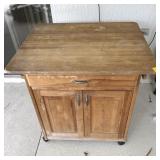 WOODEN KITCHEN ISLAND WITH CONTENTS