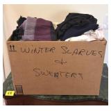 BOX OF SCARVES AND SWEATERS