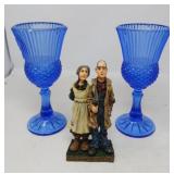 2 BLUE GLASS GOBLETS +BOYDS BEARS FIGURINE