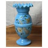 11inch Antique Hand Blown Blue Painted Glass Vase