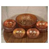 Amber Carnival Glass Dip, Snack Bowl Set