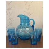 Hand Painted Glass Pitcher with 6 Matching Cups
