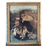 Framed Portrait of Child and Puppies
