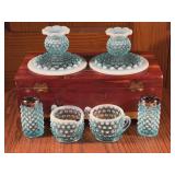 Blue Hobnail Glass Candleholders, Table Set