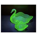 Pair of Uranium Glass Swans