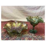 Green Iridescent Carnival Glass Bowl, Compote