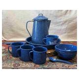 Porcelain Enamelware Mugs, Pan, Bowls, Coffee Pot