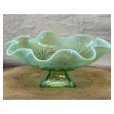 Green Ruffled Depression Glass Candy Dish