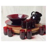 Ruby Depression Glass Pitcher, Bowl, Platter, Cups