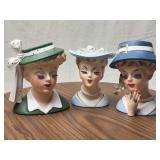 Three Porcelain Lady Head Vases