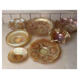 Collection of Marigold Carvival Glass Plates Bowls
