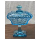 Blue Pressed Glass Covered Candy Dish!