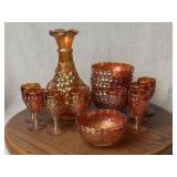 Marigold Carnival Glass Decanter, Snack Bowl Set