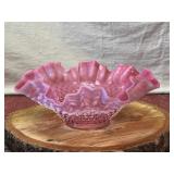 Ruffled Cranberry Hobnail Glass Candy Dish