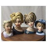 Four Lady Head Vases 6 and 9 Inch Napco Wales