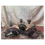 Three Wall Mounted Oil Lamps and Brackets