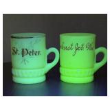 Pair of Uranium Vaseline Glass Souvenir Mugs