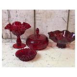 Ruby Glass Compote, Bowl, Ashtray, Covered Dish