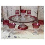 Cranberry Depression Glass Cake Plate, Cups