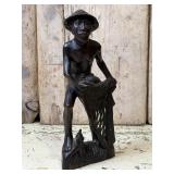 Carved Wooden Statue of Fisherman w Net Bali