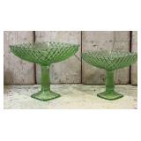 Two L.E. Smith Green Glass Pedestal Compotes