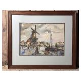 Dutch Harbor Scene Framed Original Watercolor