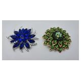 2 Rhinestone Floral Brooches - Cobalt & Emerald