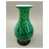 Peacock Art Glass Footed Green Spatter Vase