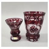 2 Bohemian Ruby Red Cut-to-Clear Glass Vases