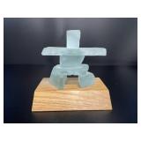 Handcrafted Frosted Glass Inukshuk on Oak Base