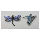 Blue Crystal Dragonfly & Hummingbird Brooch Set