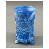 Blue & White Slag Glass Footed Tumbler, Ornate