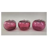 3 Rossi Hand-Blown Cranberry Art Glass Apples