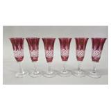 Cranberry Cut-to-Clear Crystal Flutes (6) vtg